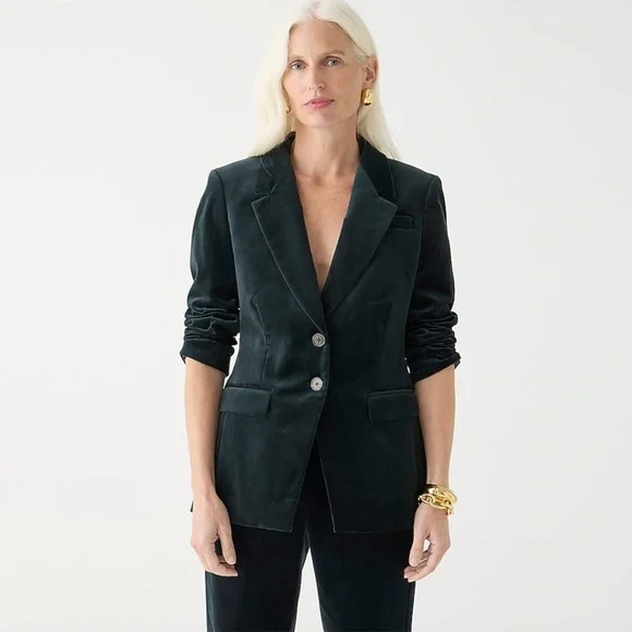 J. Crew - Tall Nipped-in Blazer in Stretch Velvet - Black / Green - Picture 1 of 14